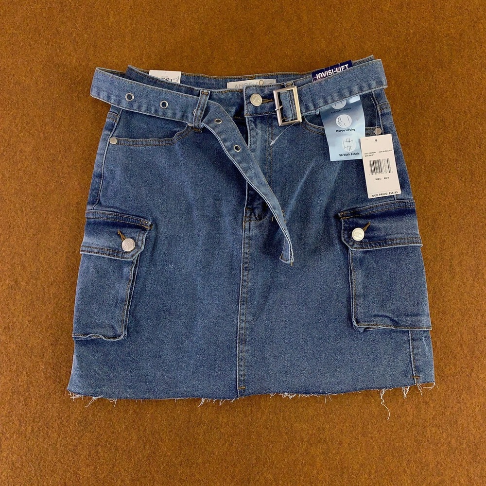 Angels of Difference Womens 6/28 Blue Denim Invisible Lift Cargo Mini Skirt NWT